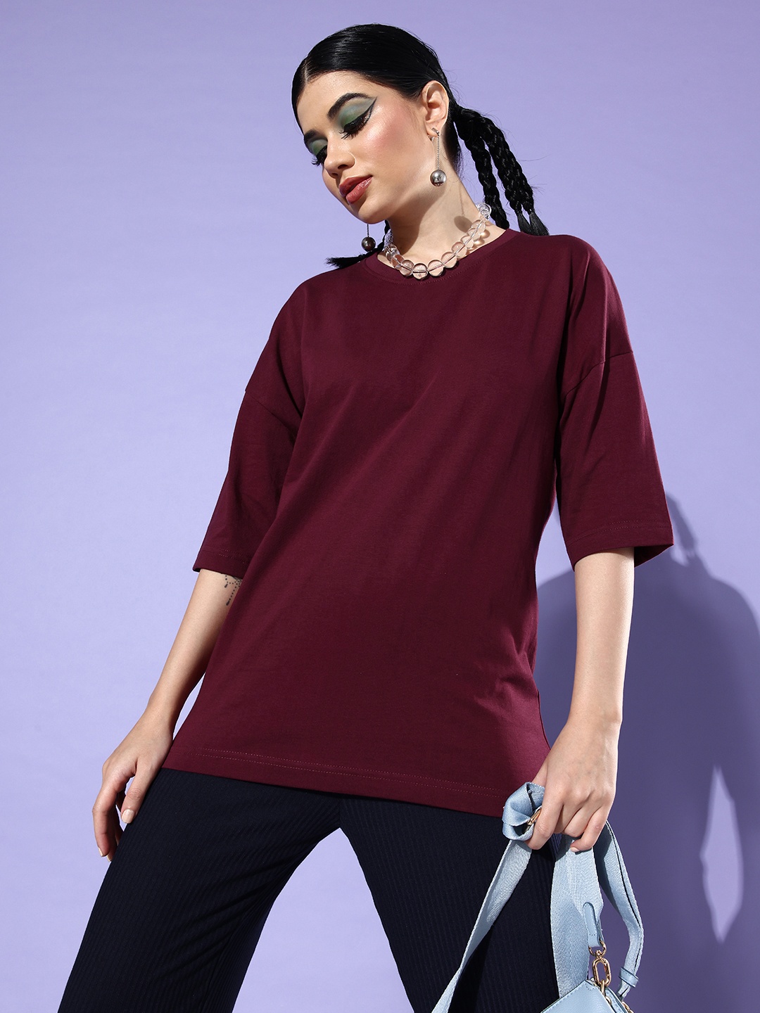 

StyleCast Women Solid Drop-Shoulder Sleeves Pure Cotton Boxy T-shirt, Burgundy
