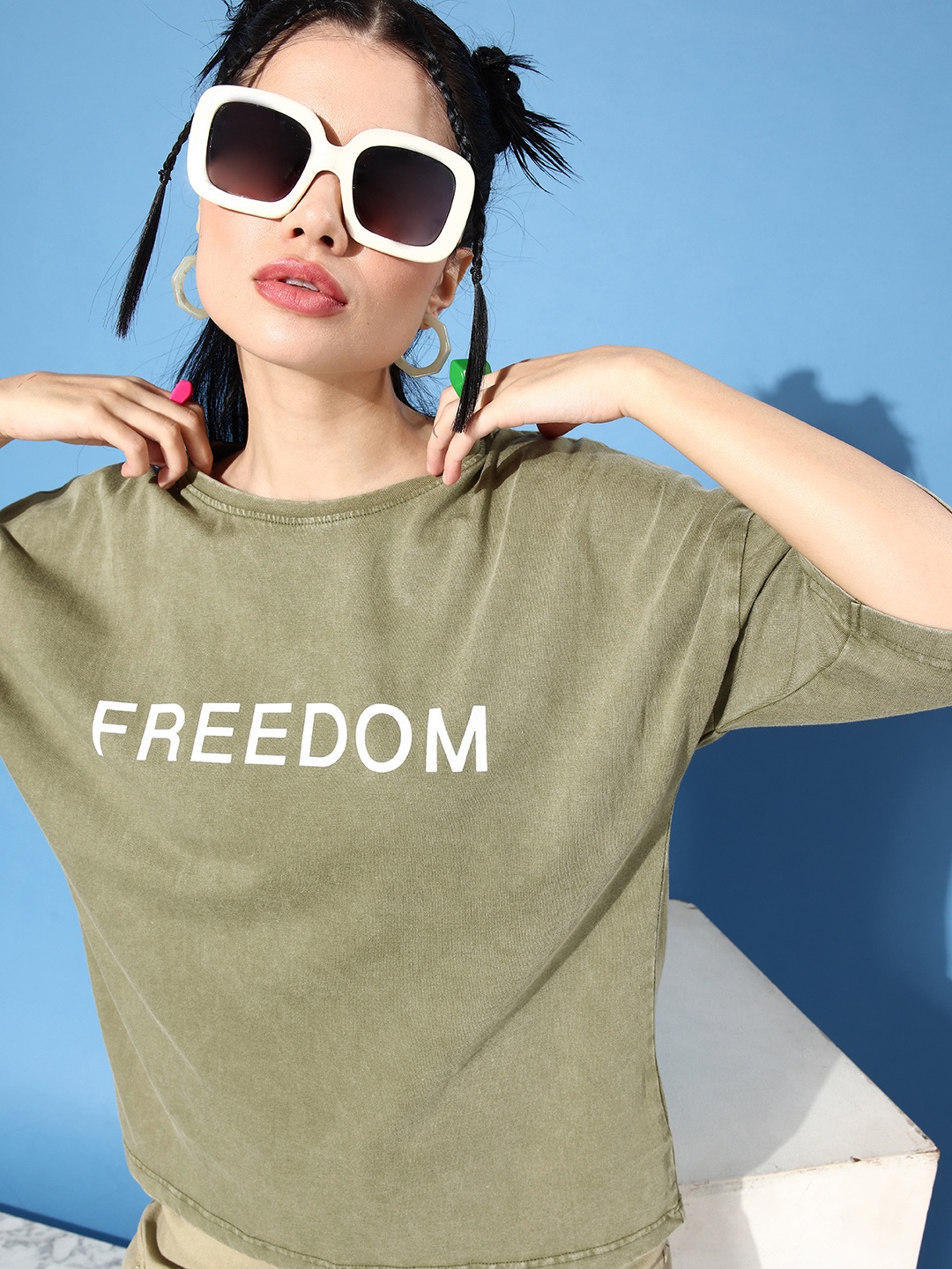 

StyleCast Women Pure Cotton Typography Printed Boxy T-shirt, Green