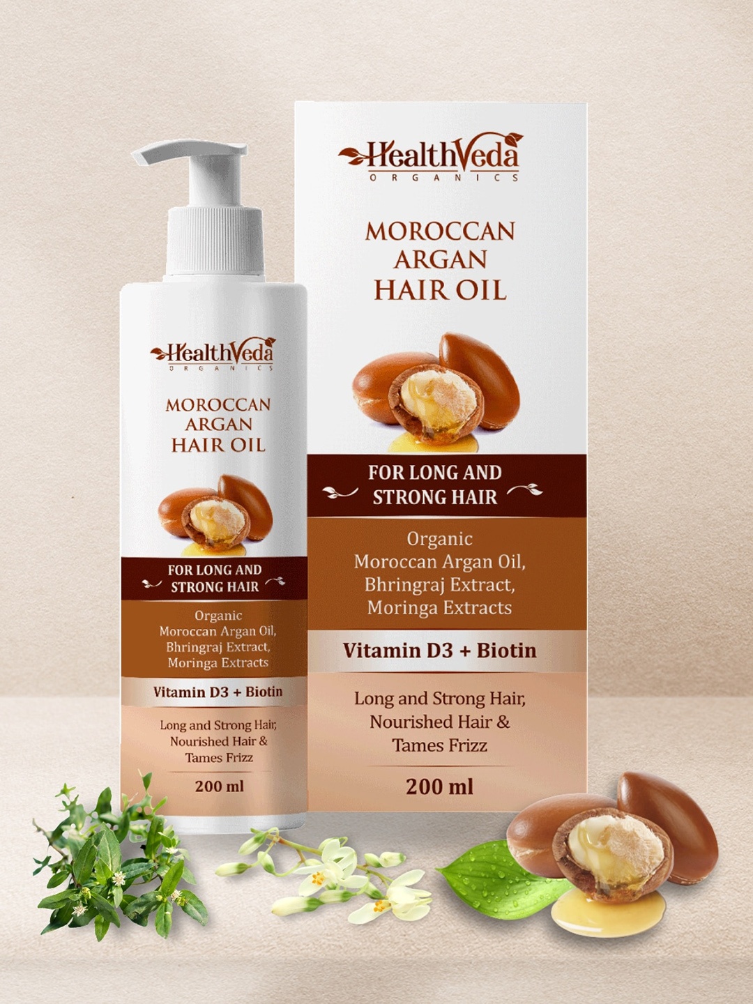 

Health Veda Organics Moroccan Argan Hair Oil with Vitamin D3 & Biotin - 200 ml, Brown