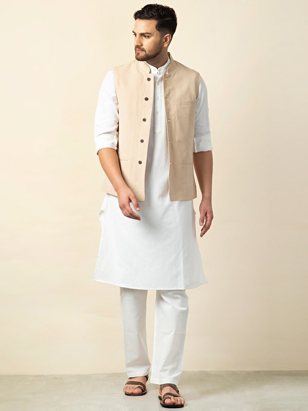 

Fabindia Men Pure Cotton Nehru Jackets, Beige