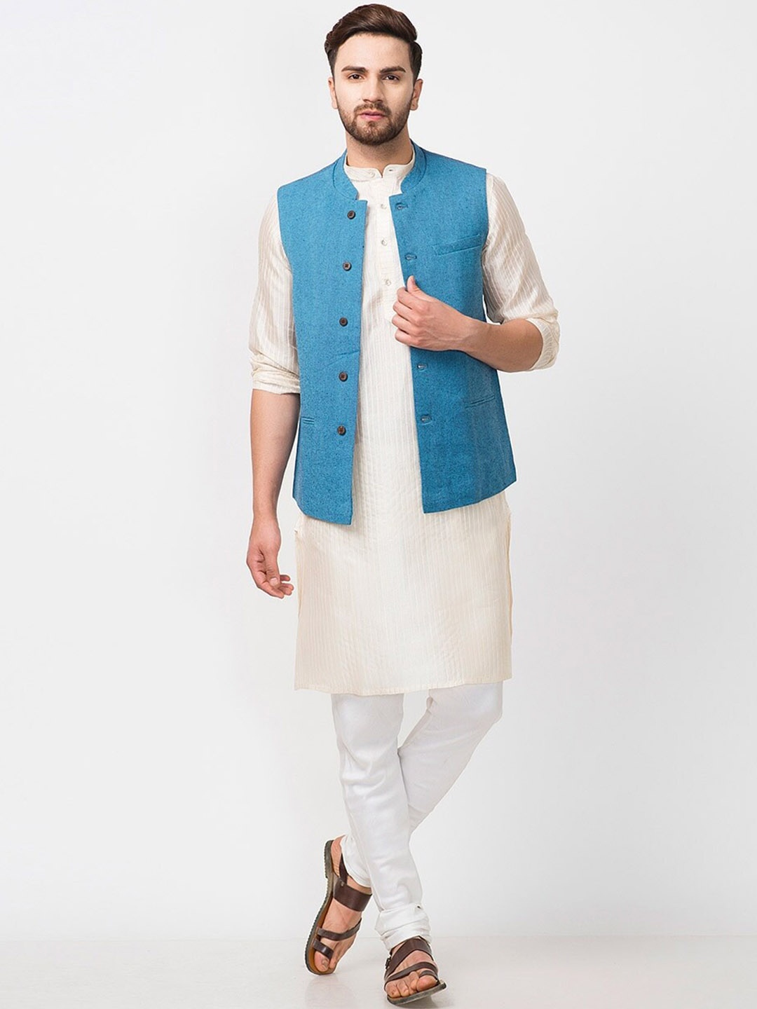

Fabindia Men Pure Cotton Chinese Collar Slim Fit Nehru Jacket, Blue