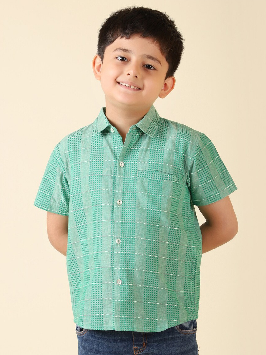 

Fabindia Boys Self Design Cotton Casual Shirt, Green