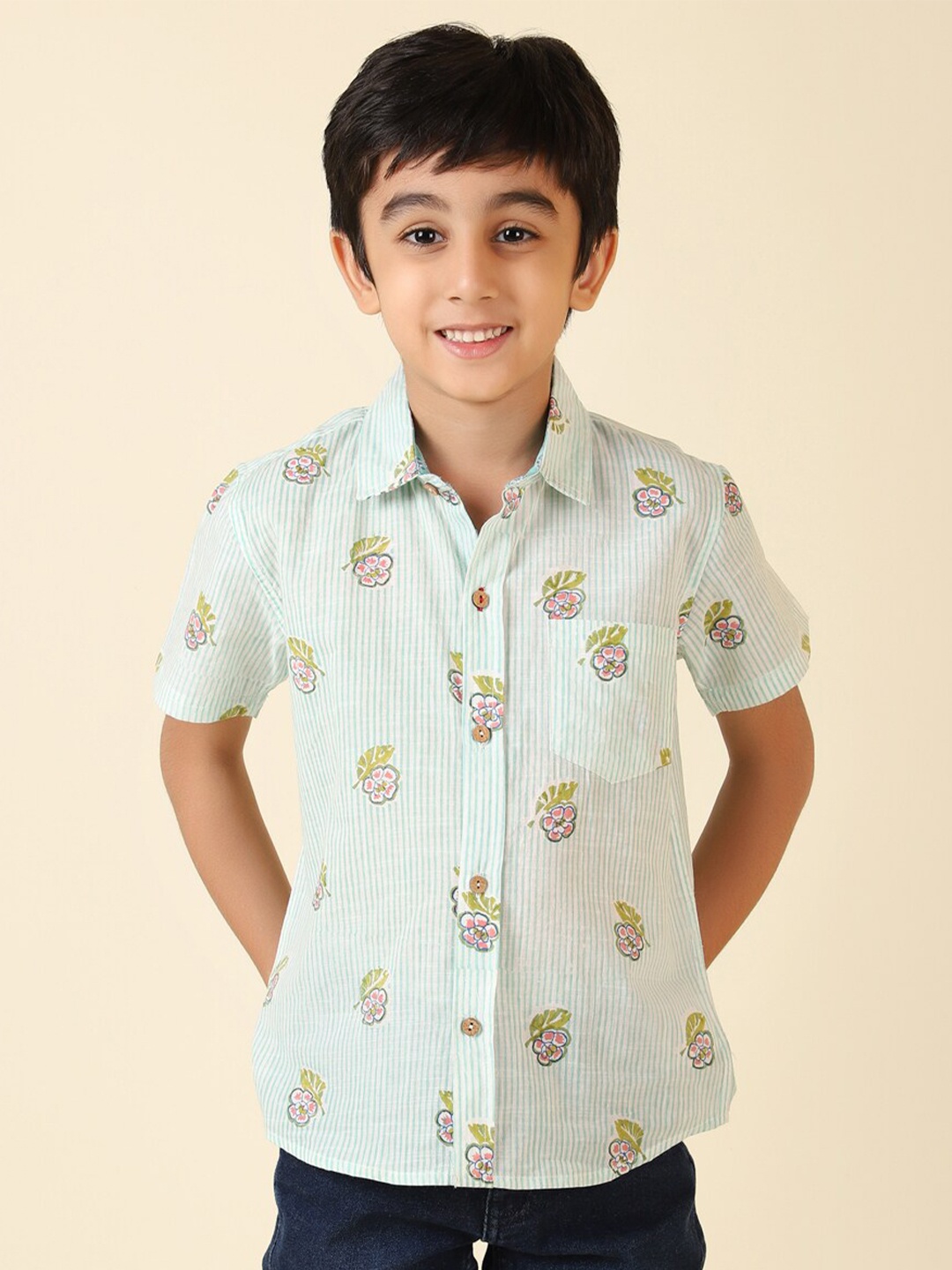 

Fabindia Boys Floral Printed Cotton Casual Shirt, Off white