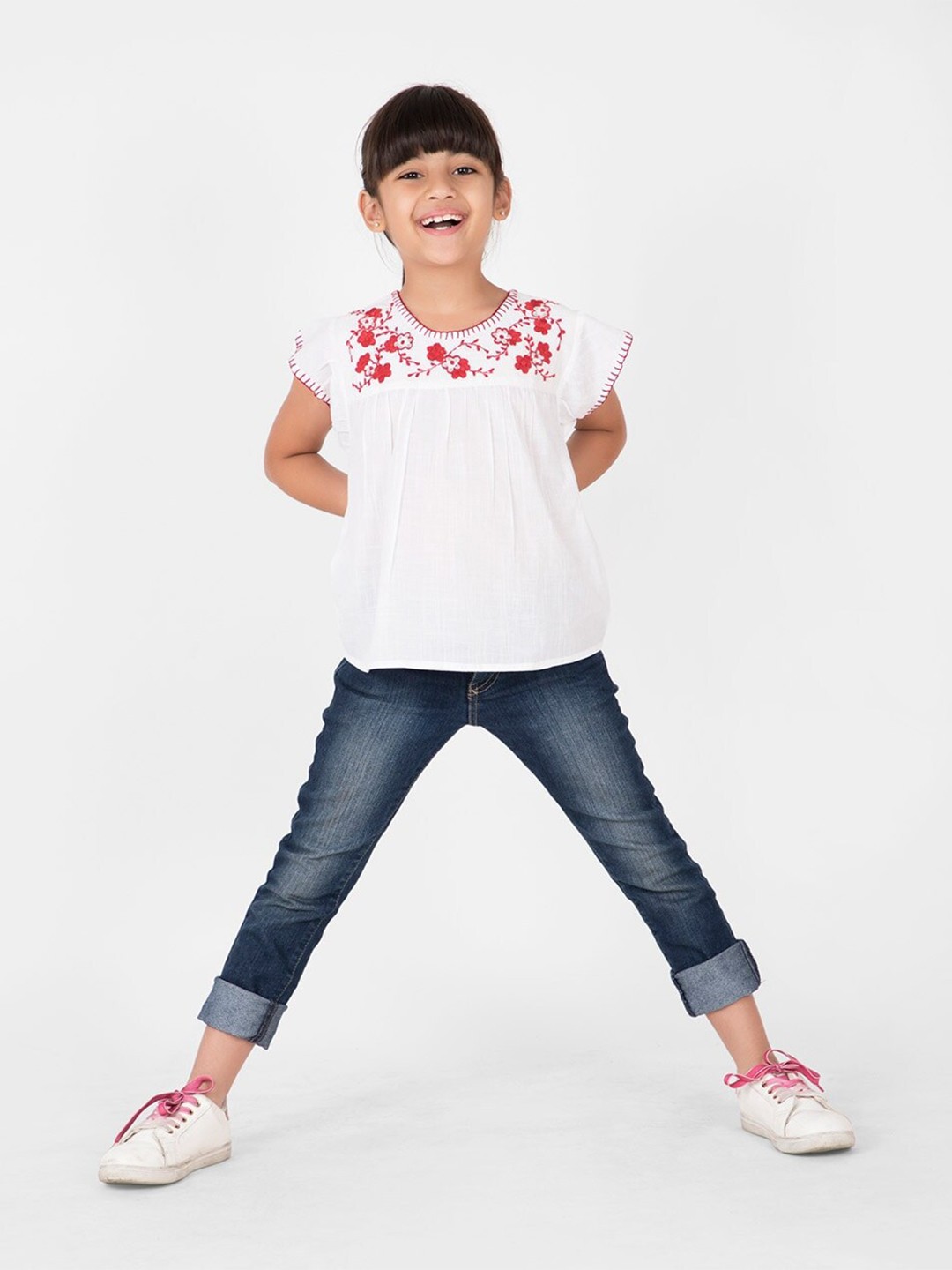

Fabindia Girls Floral Embroidered Pure Cotton Top, White