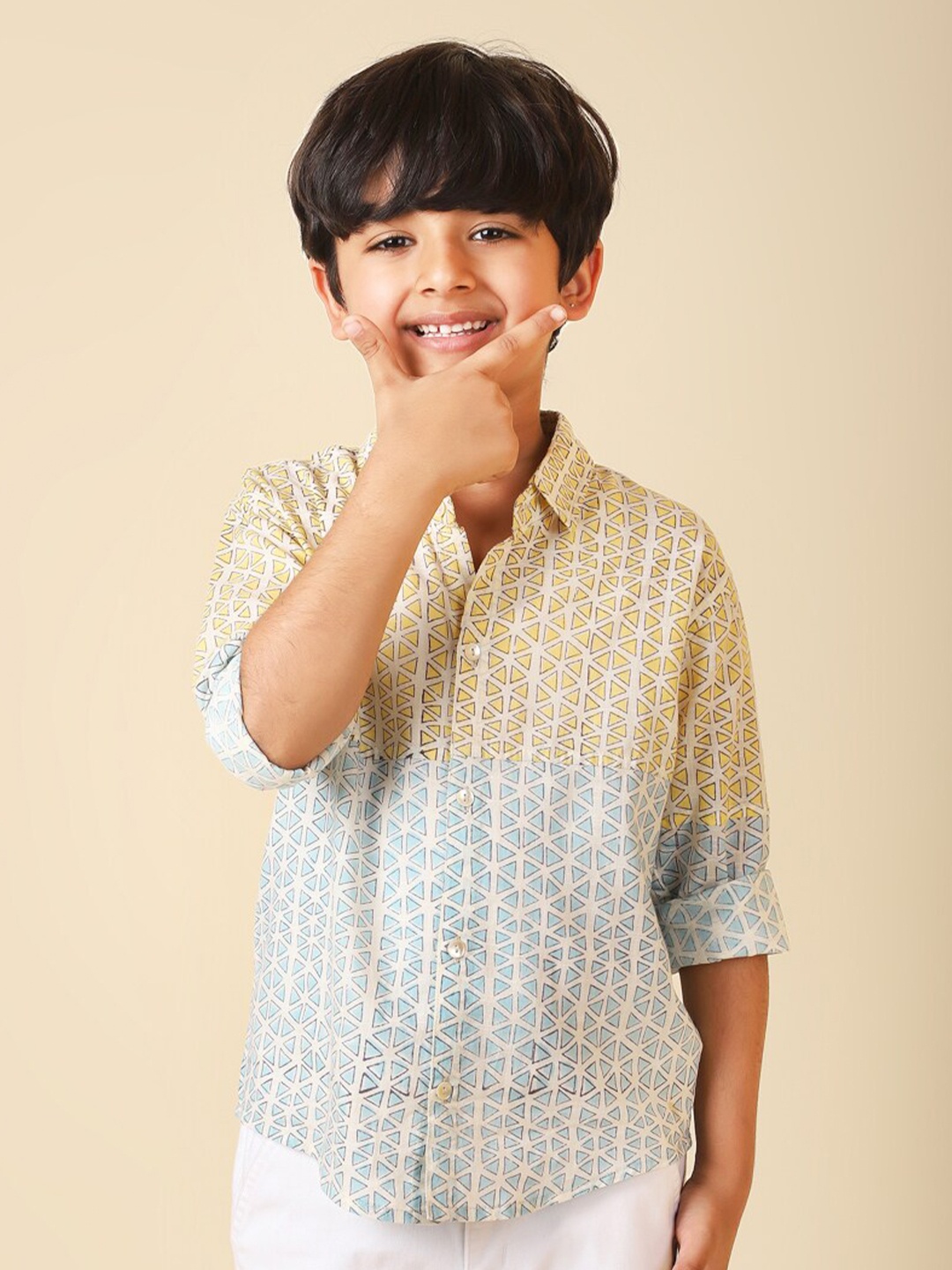 

Fabindia Boys Printed Cotton Casual Shirt, Turquoise blue