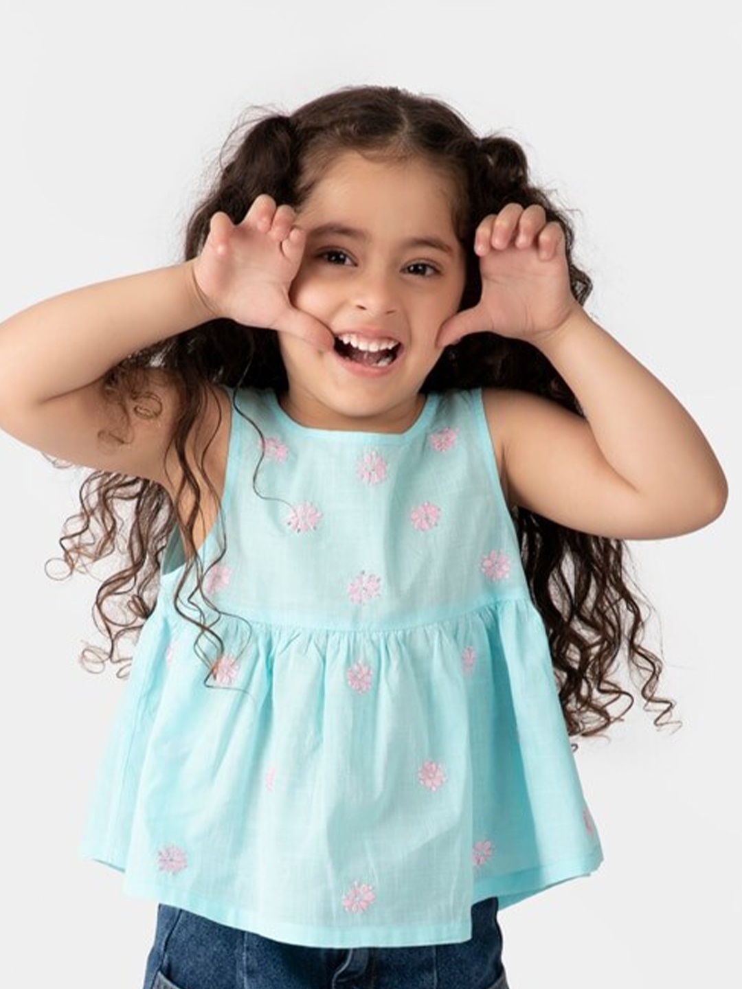 

Fabindia Girls Floral Embroidered Cotton Top, Blue
