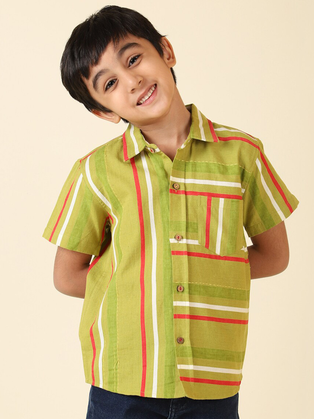 

Fabindia Boys Striped Cotton Linen Casual Shirt, Green