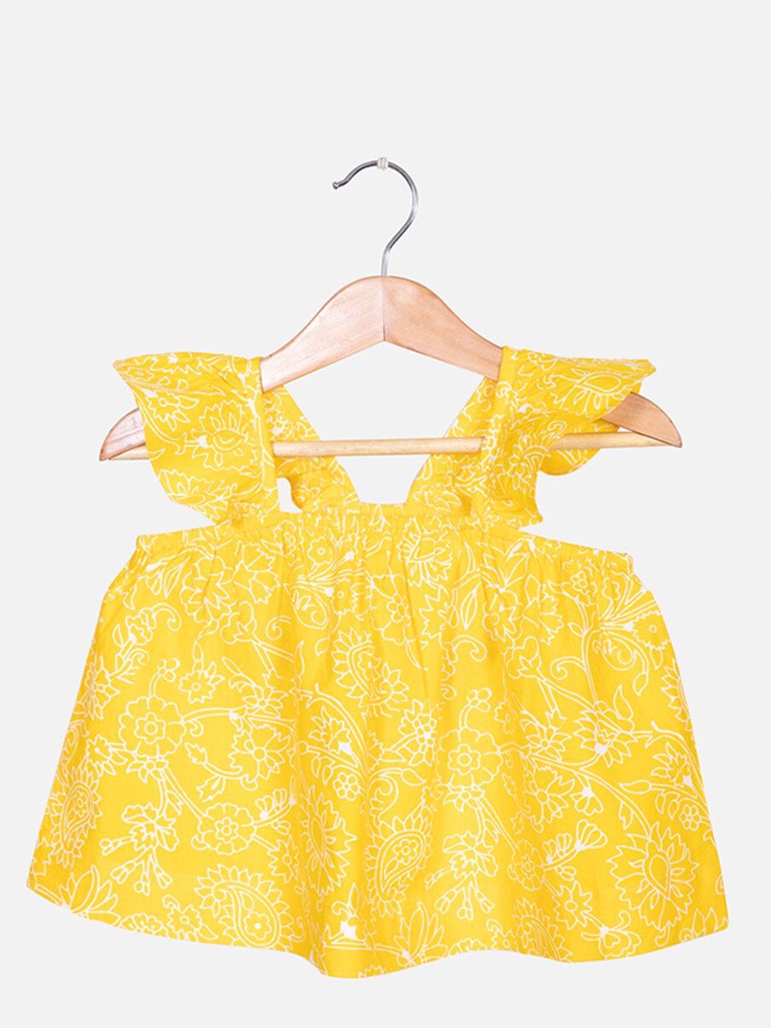 

Fabindia Yellow Floral Print Tie-Up Neck Top