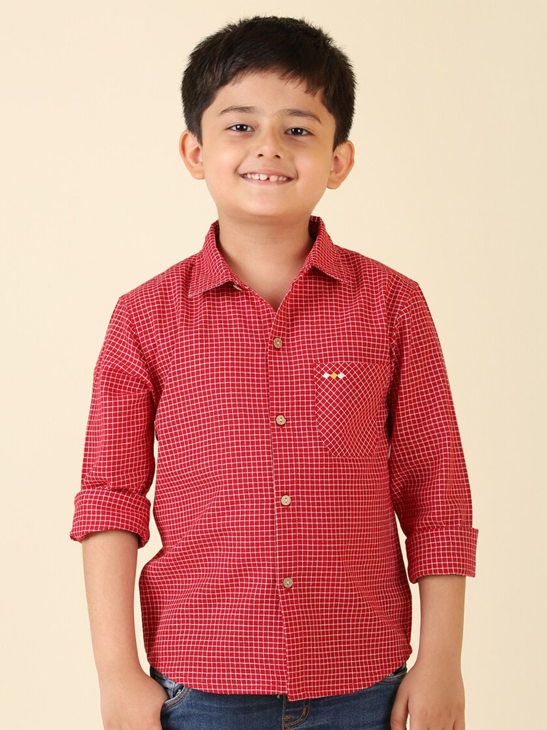 

Fabindia Boys Micro Checked Casual Shirt, Red