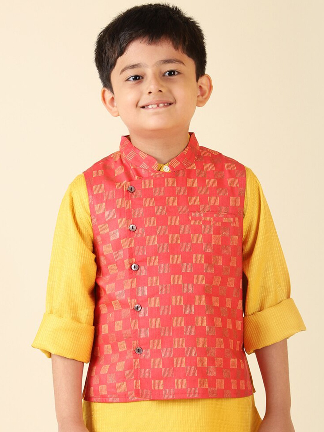 

Fabindia Boys Printed Nehru Jackets, Red