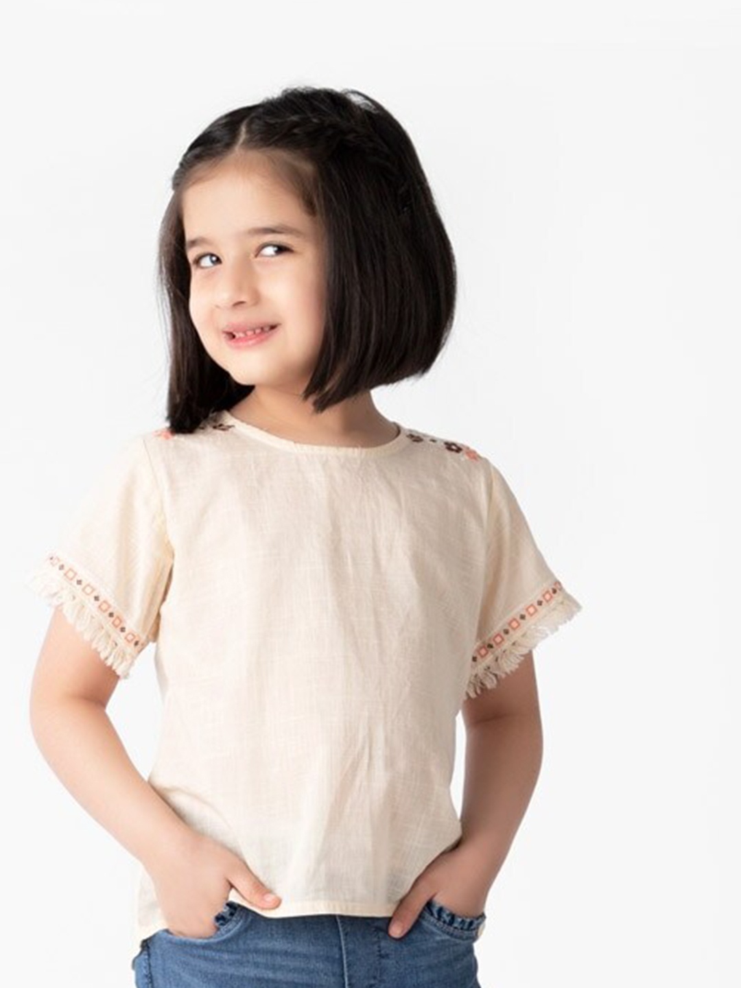 

Fabindia Girls Floral Embroidered Pure Cotton Top, Beige