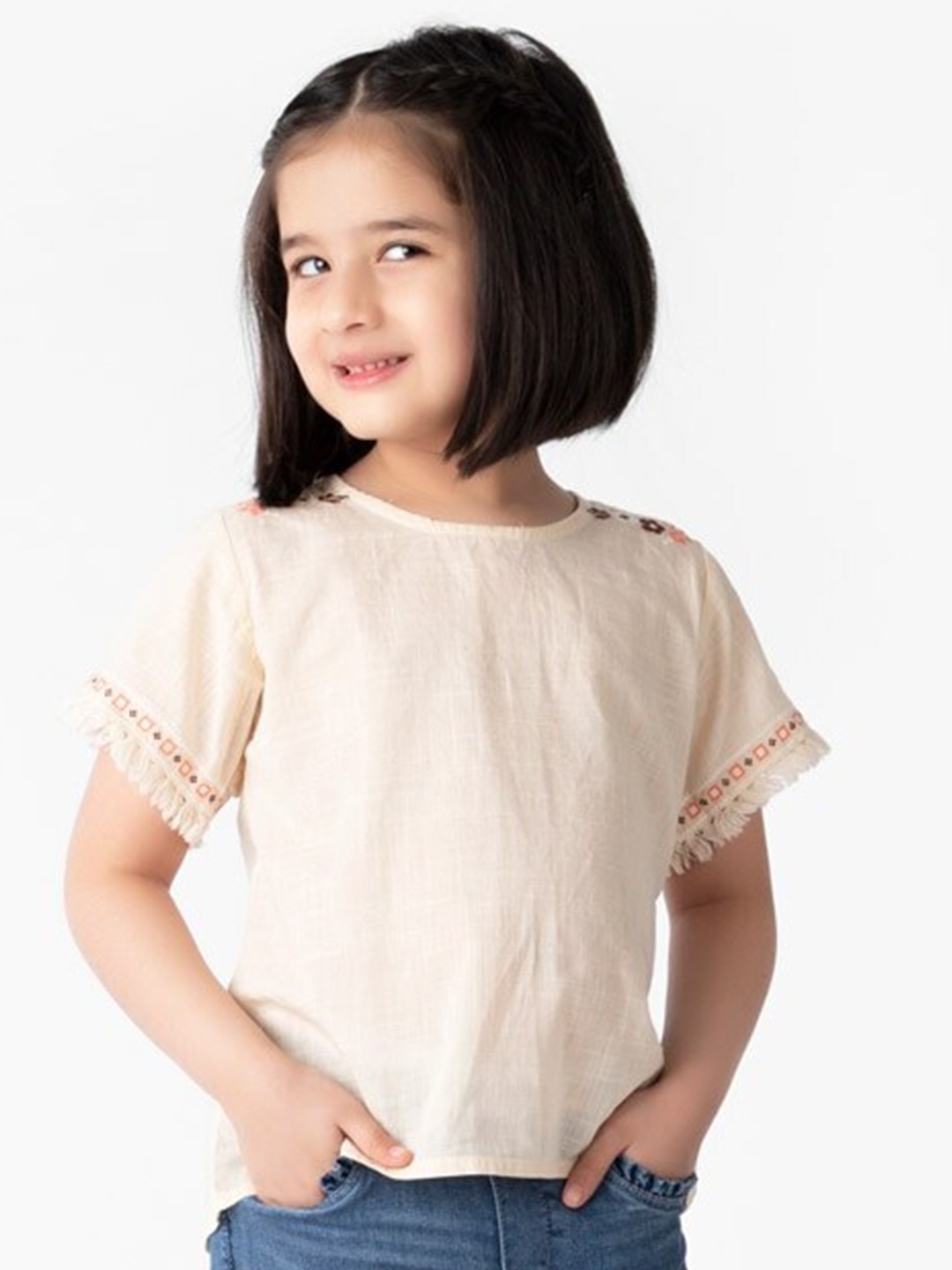 

Fabindia Girls Floral Embroidered Pure Cotton Top, Beige