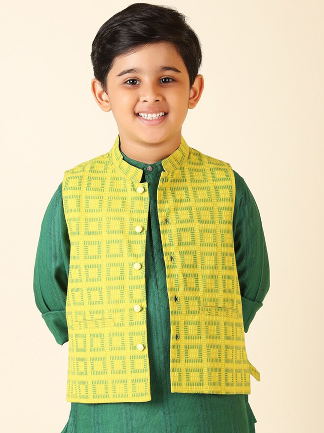 

Fabindia Boys Printed Pure Cotton Nehru Jacket, Green