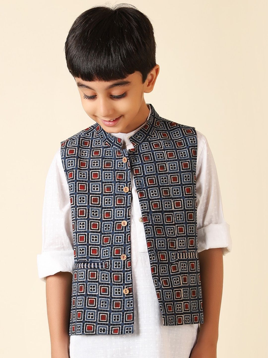 

Fabindia Boys Printed Pure Cotton Nehru Jacket, Blue