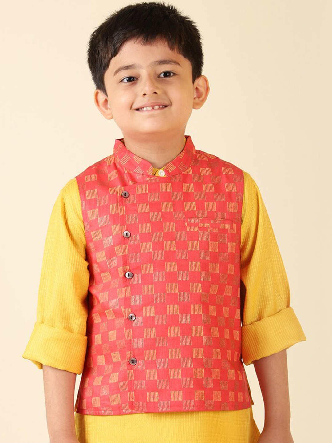 

Fabindia Boys Printed Nehru Jacket, Red