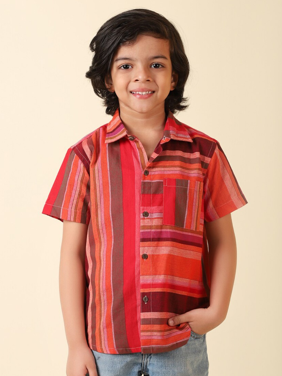 

Fabindia Boys Multi Stripes Striped Cotton Casual Shirt, Orange