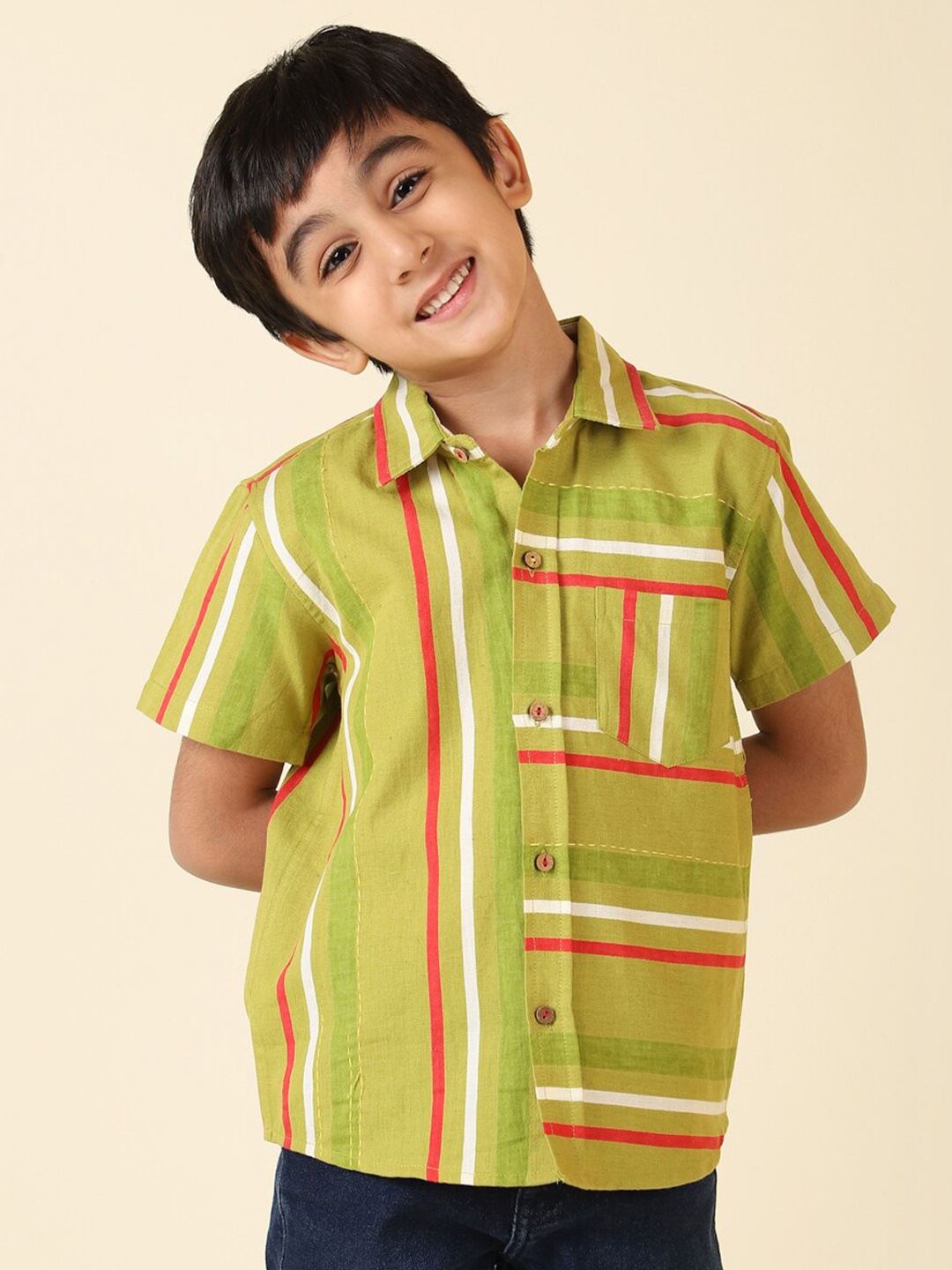 

Fabindia Boys Striped Casual Shirt, Green