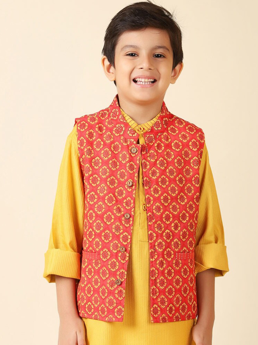 

Fabindia Boys Floral Printed Cotton Nehru Jacket, Orange