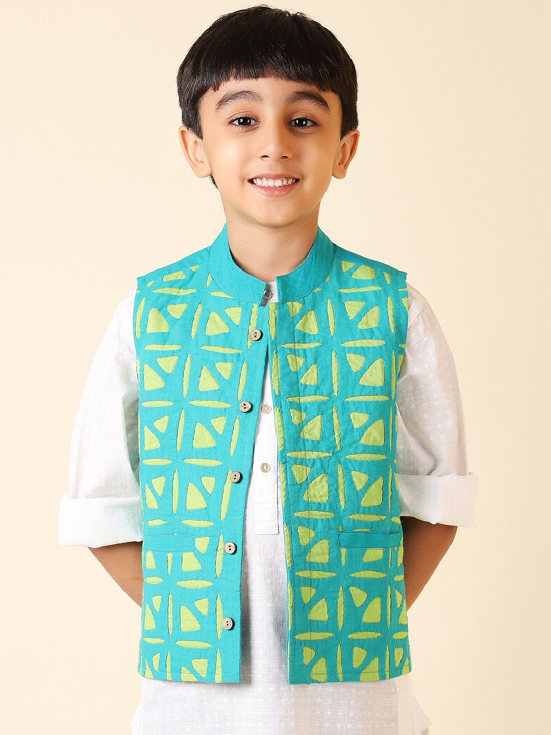 

Fabindia Boys Geometric Printed Cotton Nehru Jacket, Teal