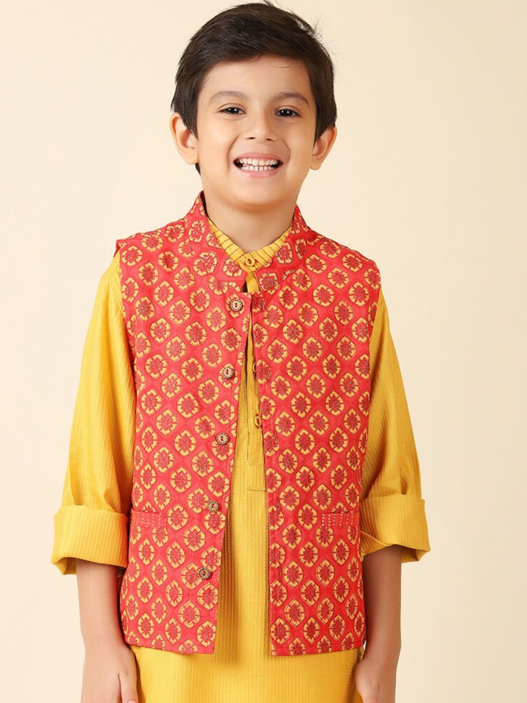 

Fabindia Boys Floral Printed Cotton Nehru Jacket, Orange