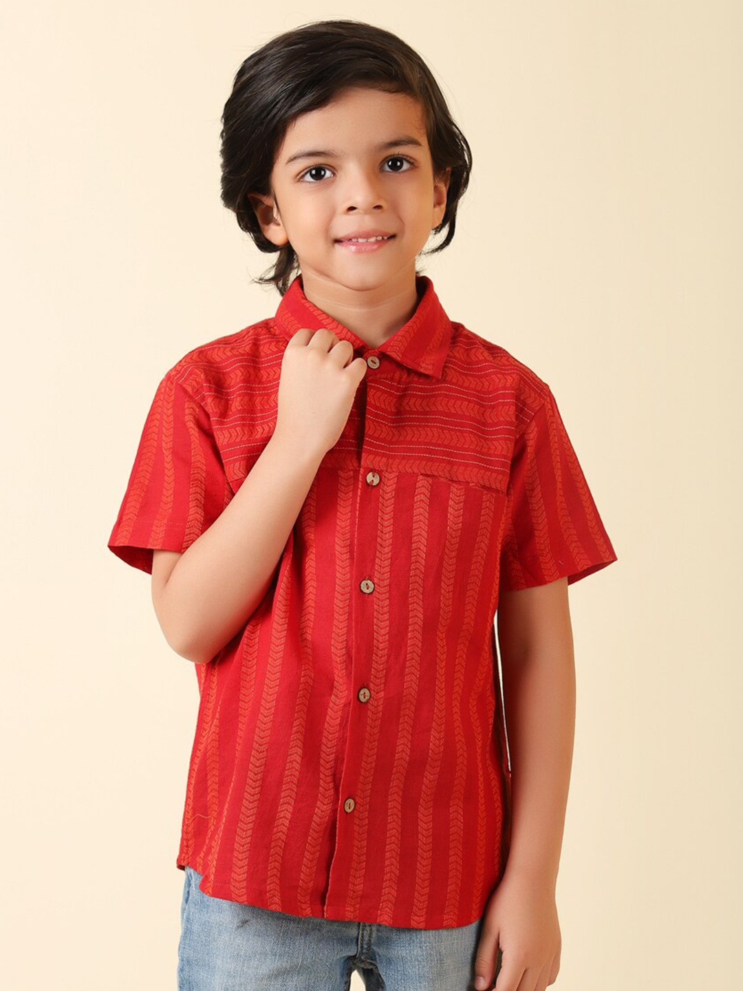 

Fabindia Boys Striped Cotton Casual Shirt, Red