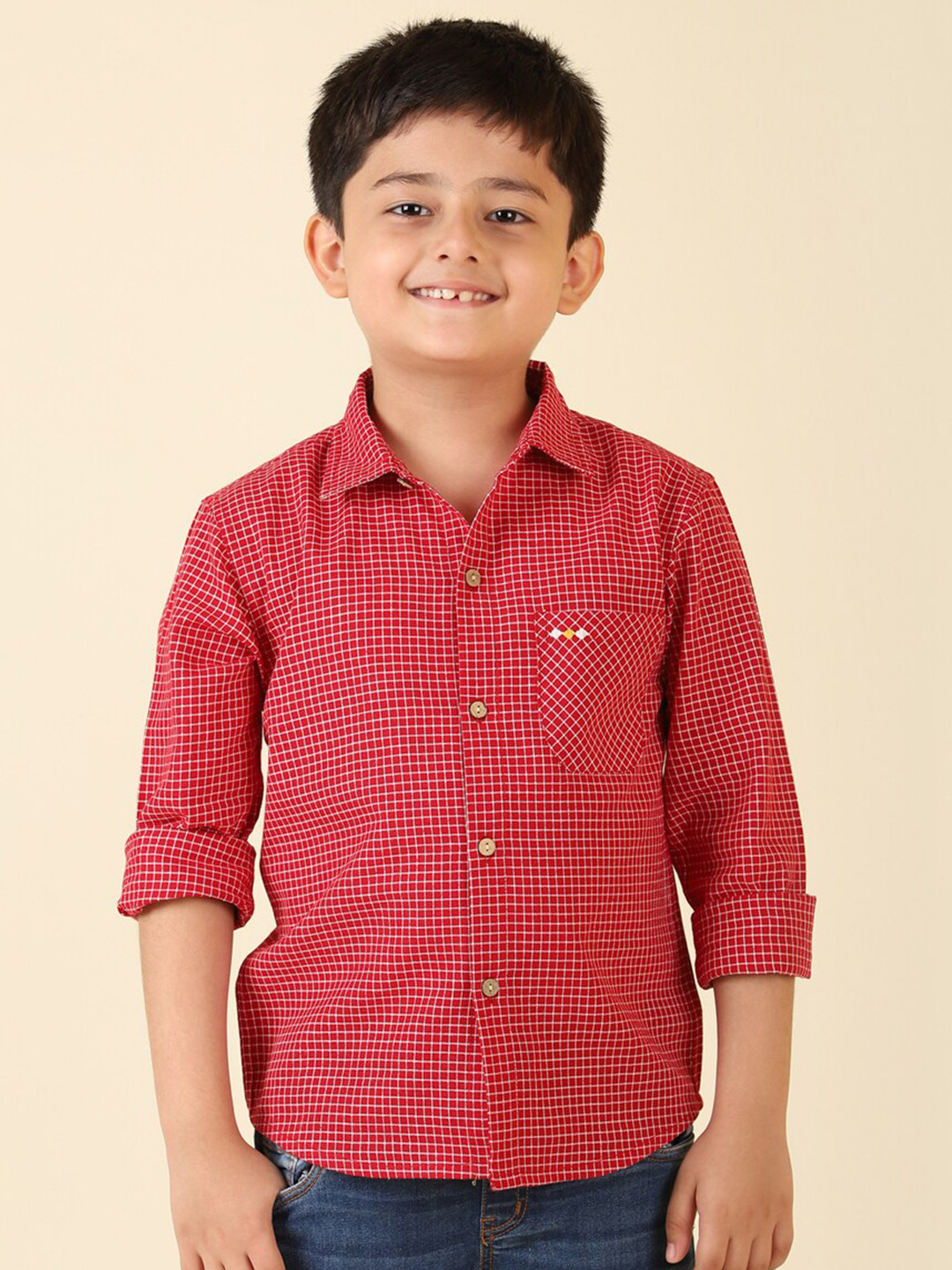 

Fabindia Boys Micro Checks Cotton Casual Shirt, Red
