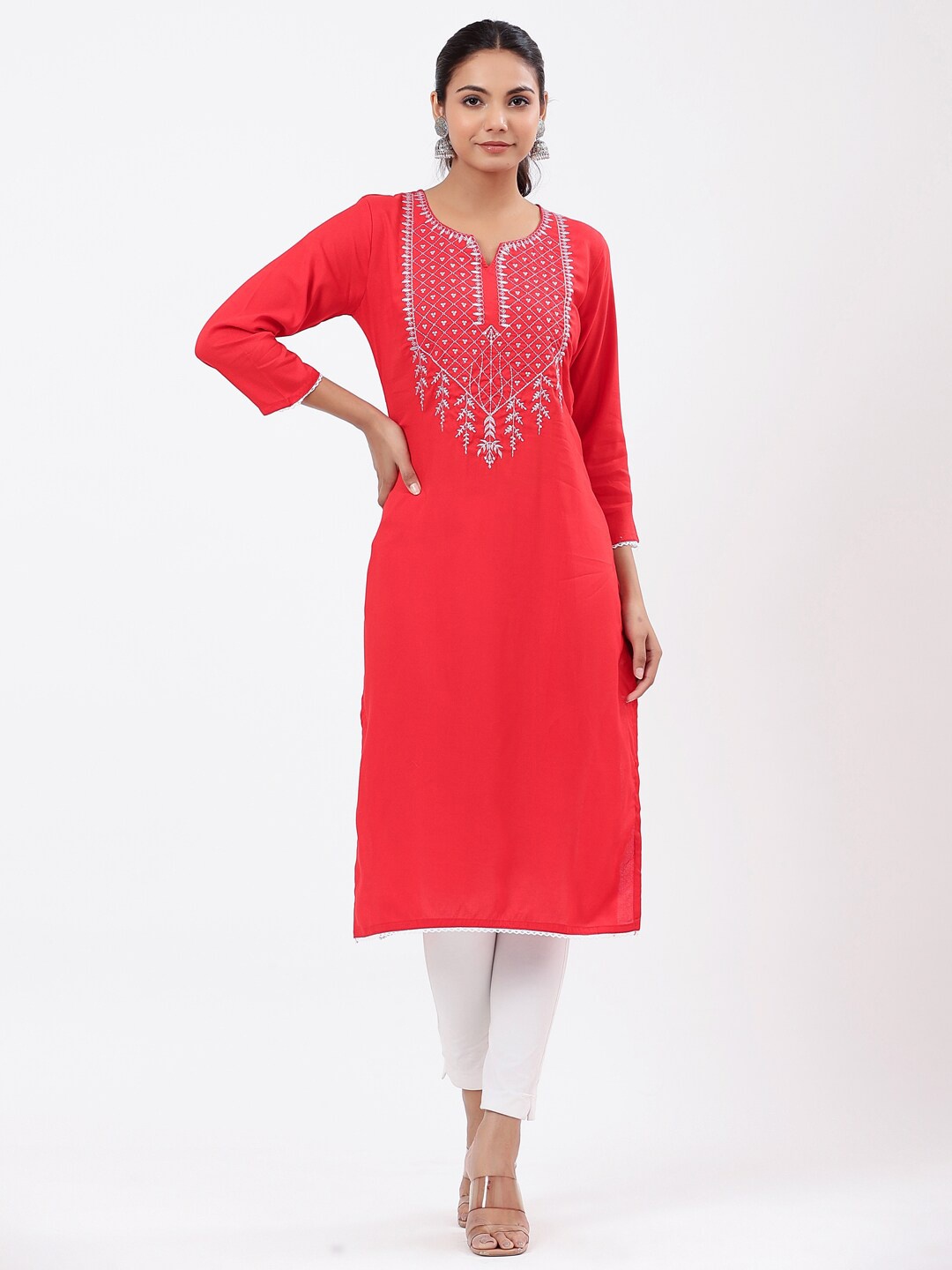 

PK Fashions Women Ethnic Motifs Thread Work Kurta, Red