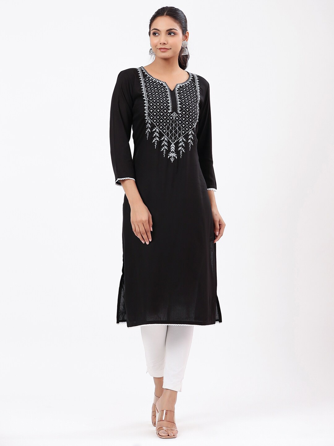 

PK Fashions Women Ethnic Motifs Thread Work Kurta, Black