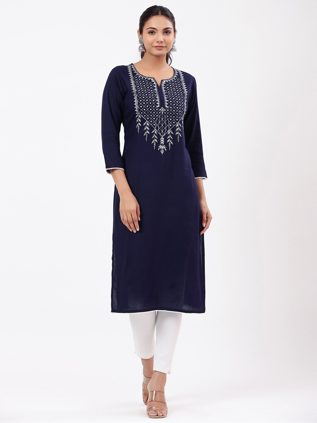 

PK Fashions Women Navy Blue Floral Embroidered Kurta
