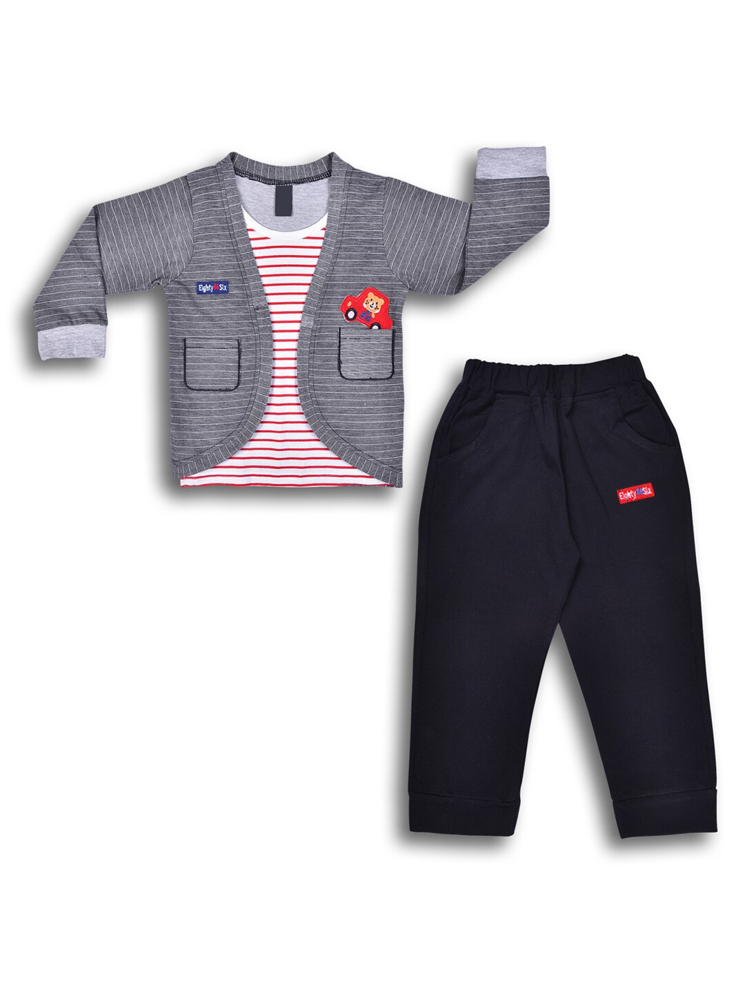 

Wish Karo Boys Striped T-shirt with Trousers, Grey