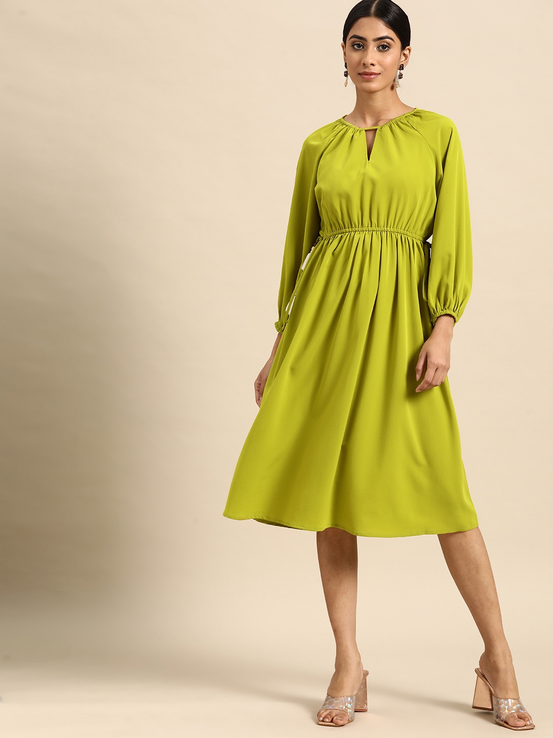

all about you Tie-Up Neck Puff Sleeves Fit & Flare Dress, Lime green