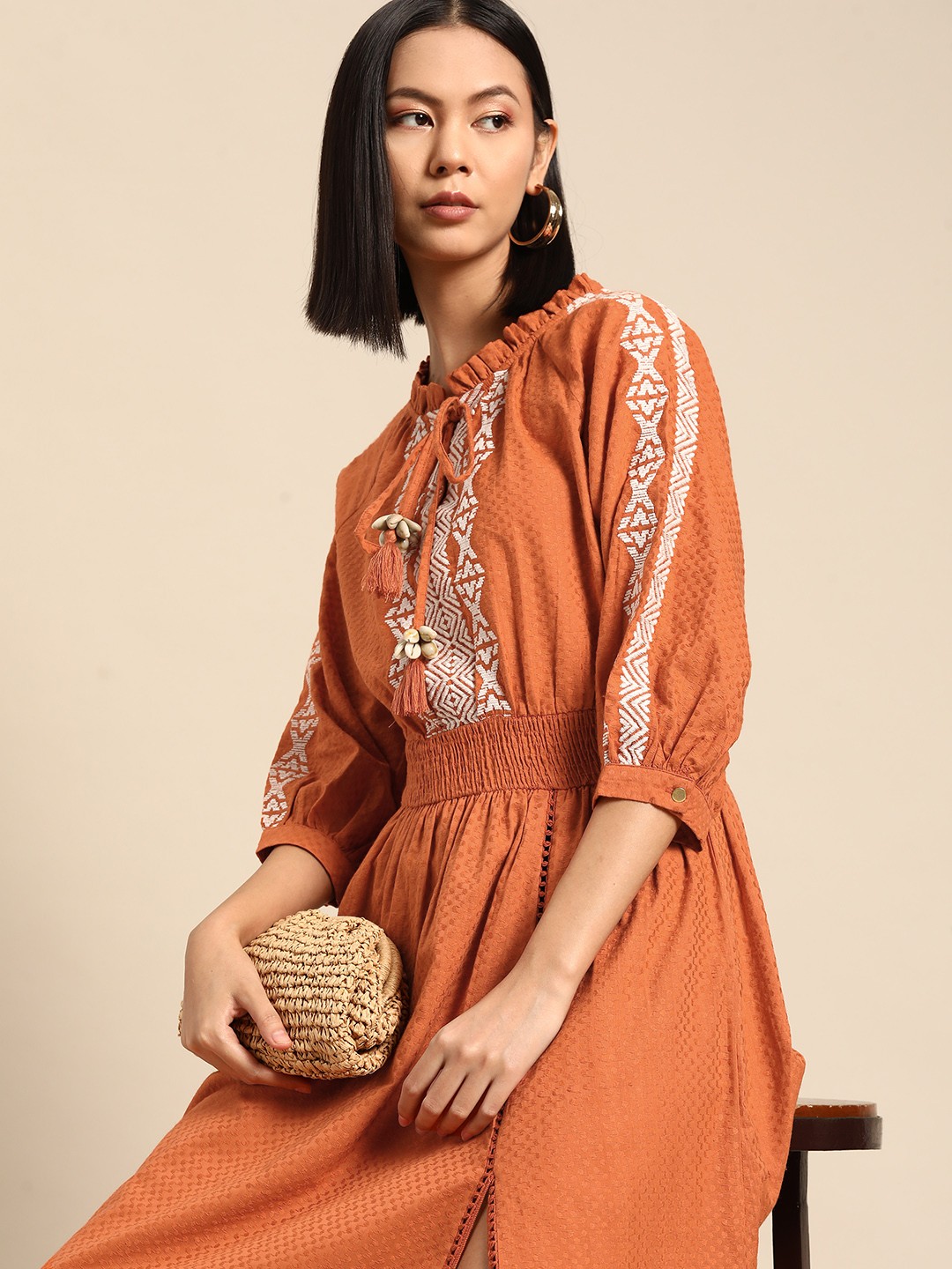 

all about you Smocked Dobby Woven Embroidered Tie-Up Neck A-Line Midi Dress, Rust