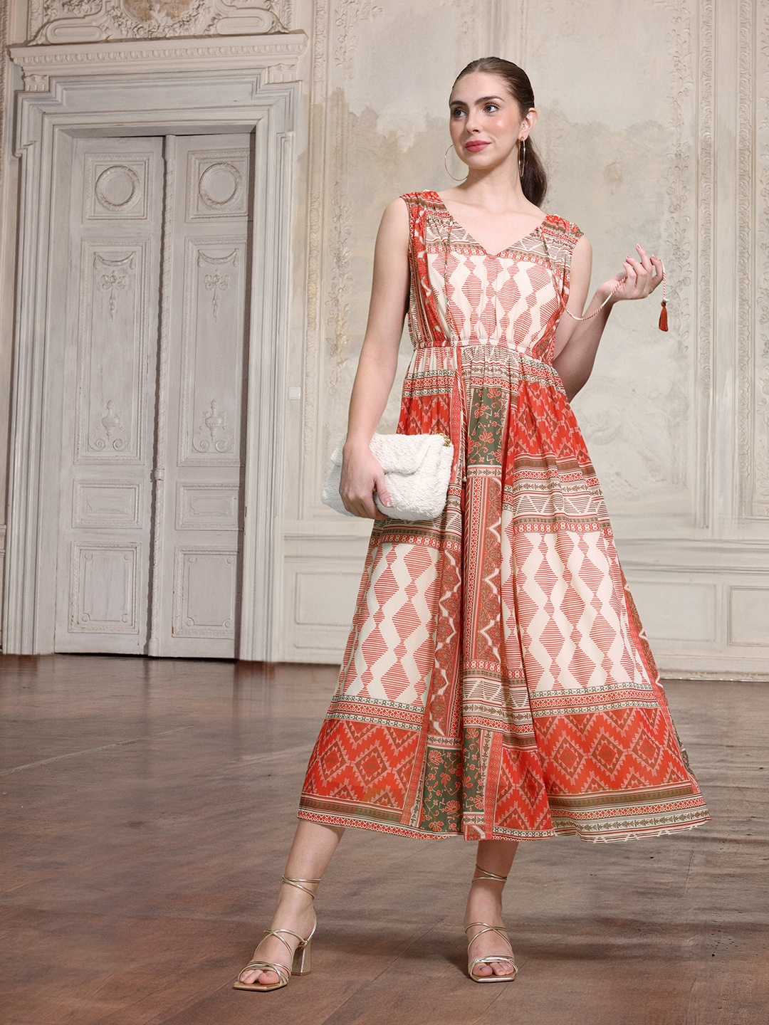 

all about you Tribal Print Tie-Up Neck Maxi Dress with Innner, Orange