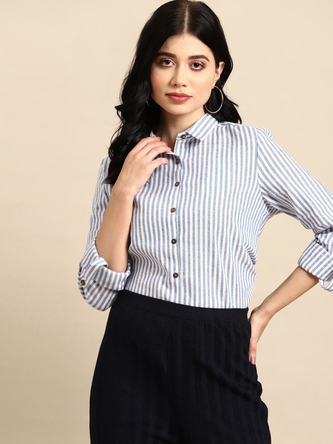 

all about you Striped High-Low Casual Shirt, Blue