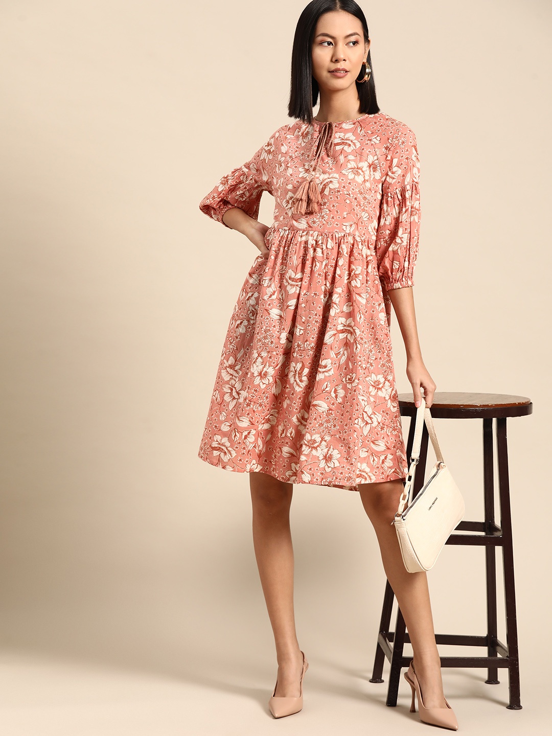 

Routes by All About You Pure Cotton Floral Print Tie-Up Neck Puff Sleeve A-Line Dress, Pink