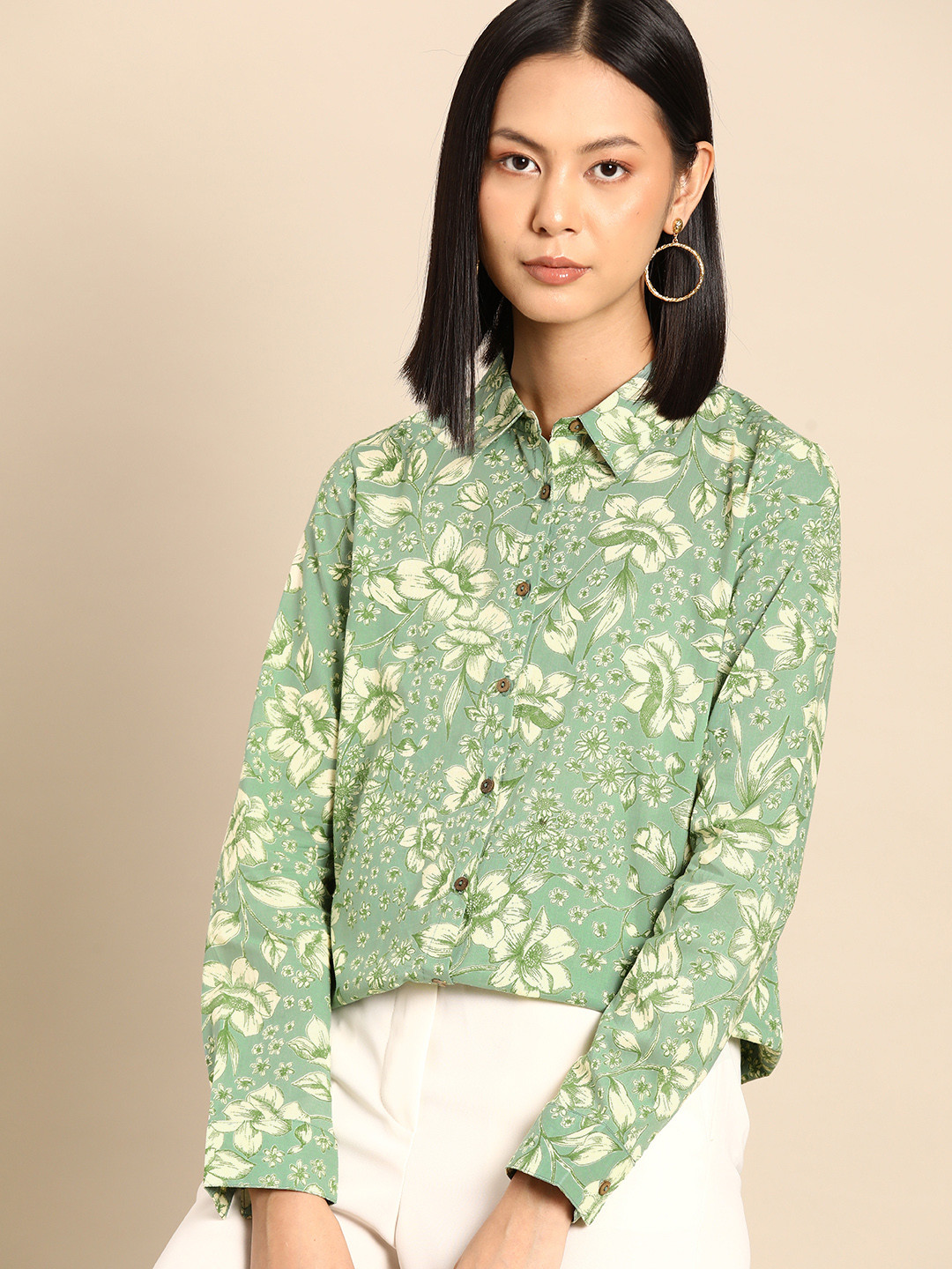 

all about you Floral Printed Pure Cotton Regular Fit Opaque Casual Shirt, Green