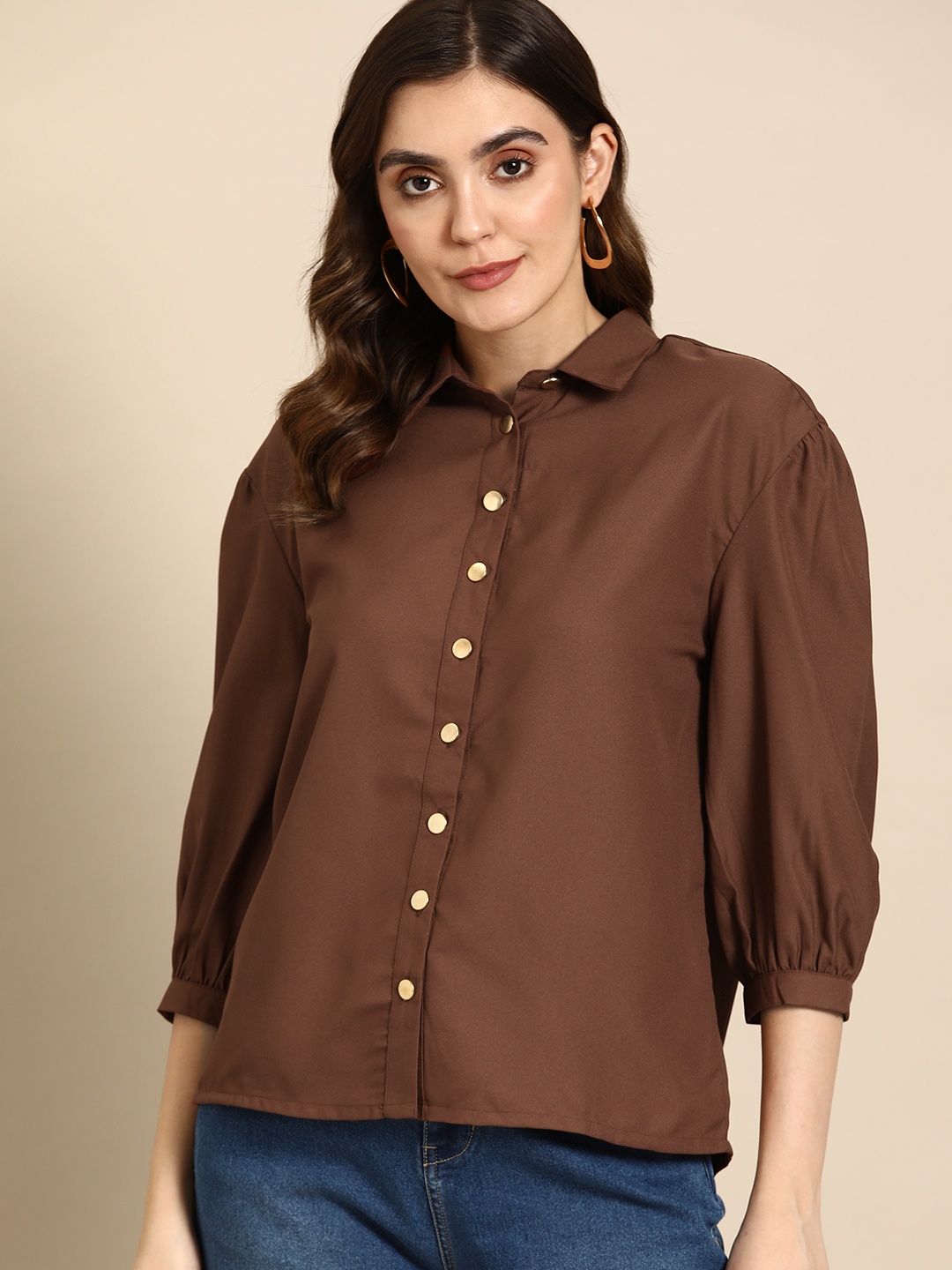 

all about you Women Puff Sleeves Opaque Casual Shirt, Brown