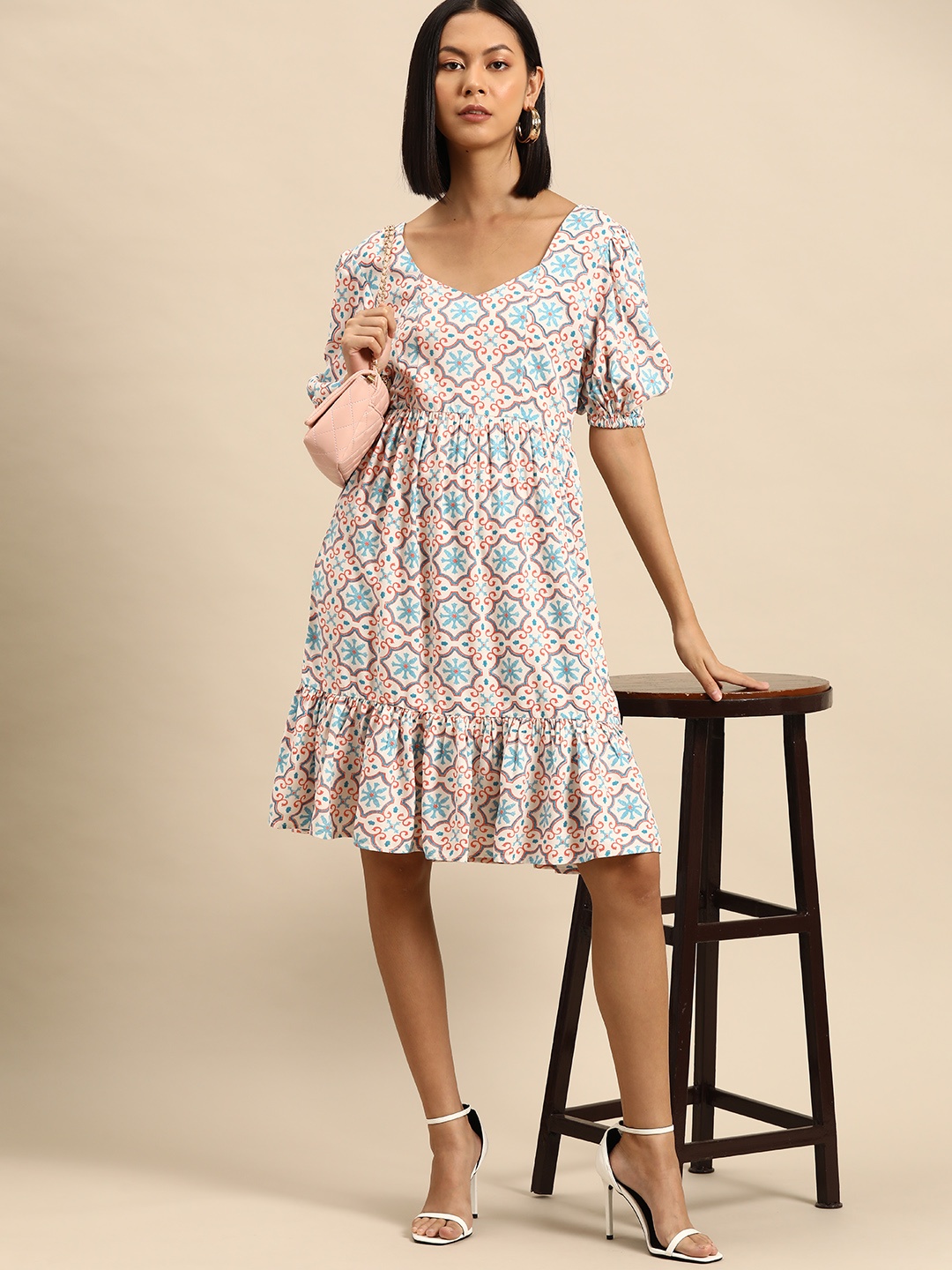 

Routes by All About You Ethnic Motifs Print Puff Sleeve A-Line Dress, White