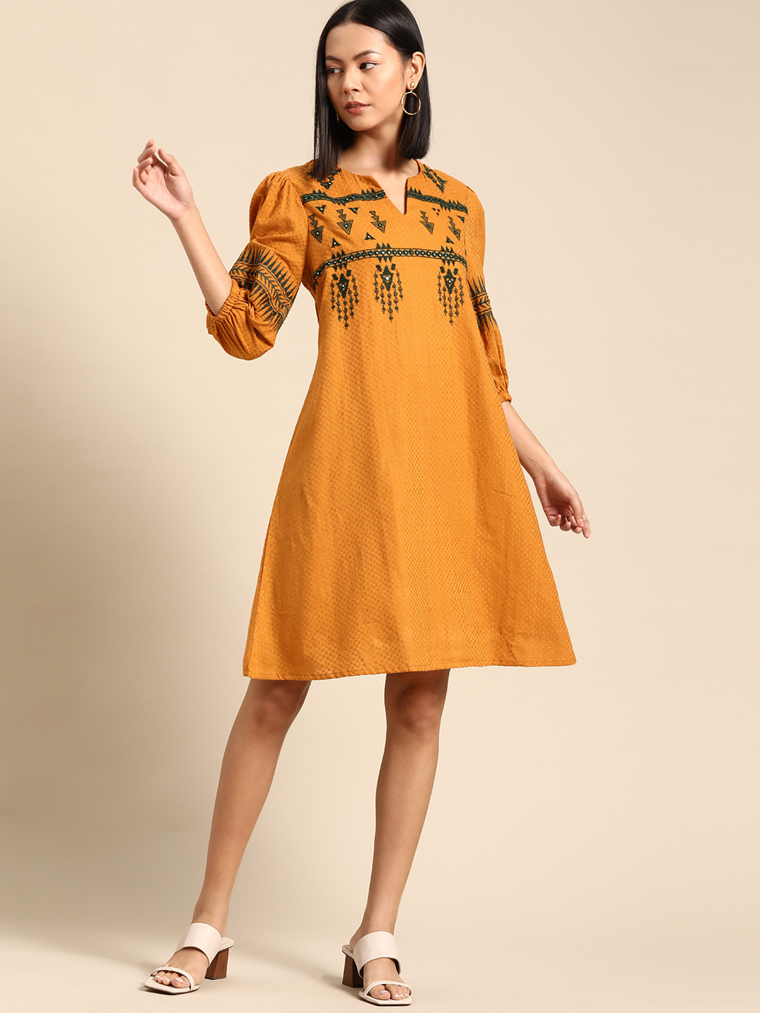 

all about you Ethnic Motifs Embroidered A-Line Dress, Mustard