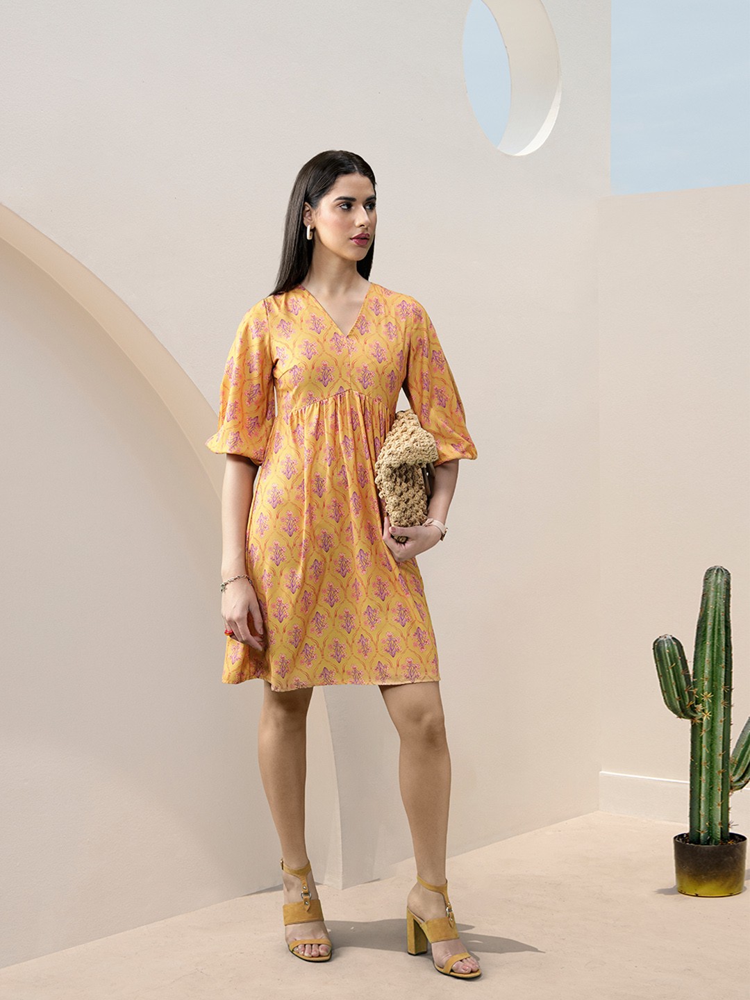 

all about you Floral Print Puff Sleeve Empire Dress, Mustard