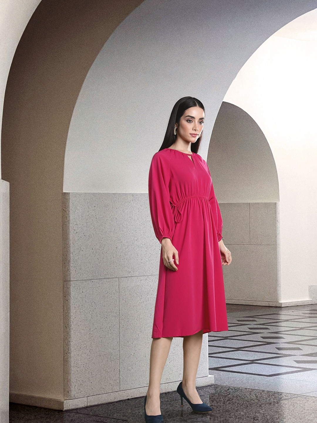 

all about you Bishop Sleeves Drawstring Detail Fit & Flare Dress, Fuchsia