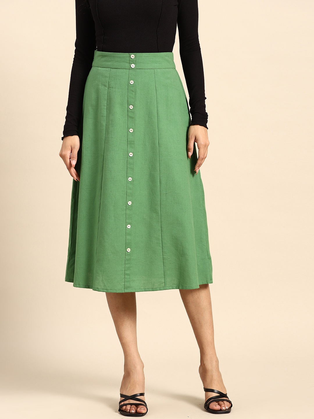 

all about you Solid Button Front A-line Midi Skirt, Green