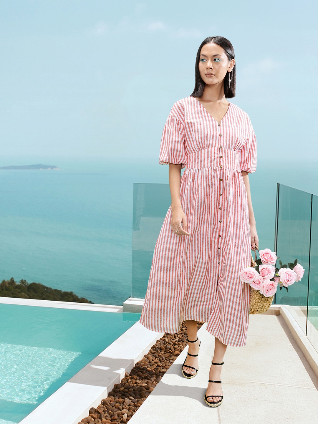 

all about you Striped Puff Sleeves Maxi Dress, Red