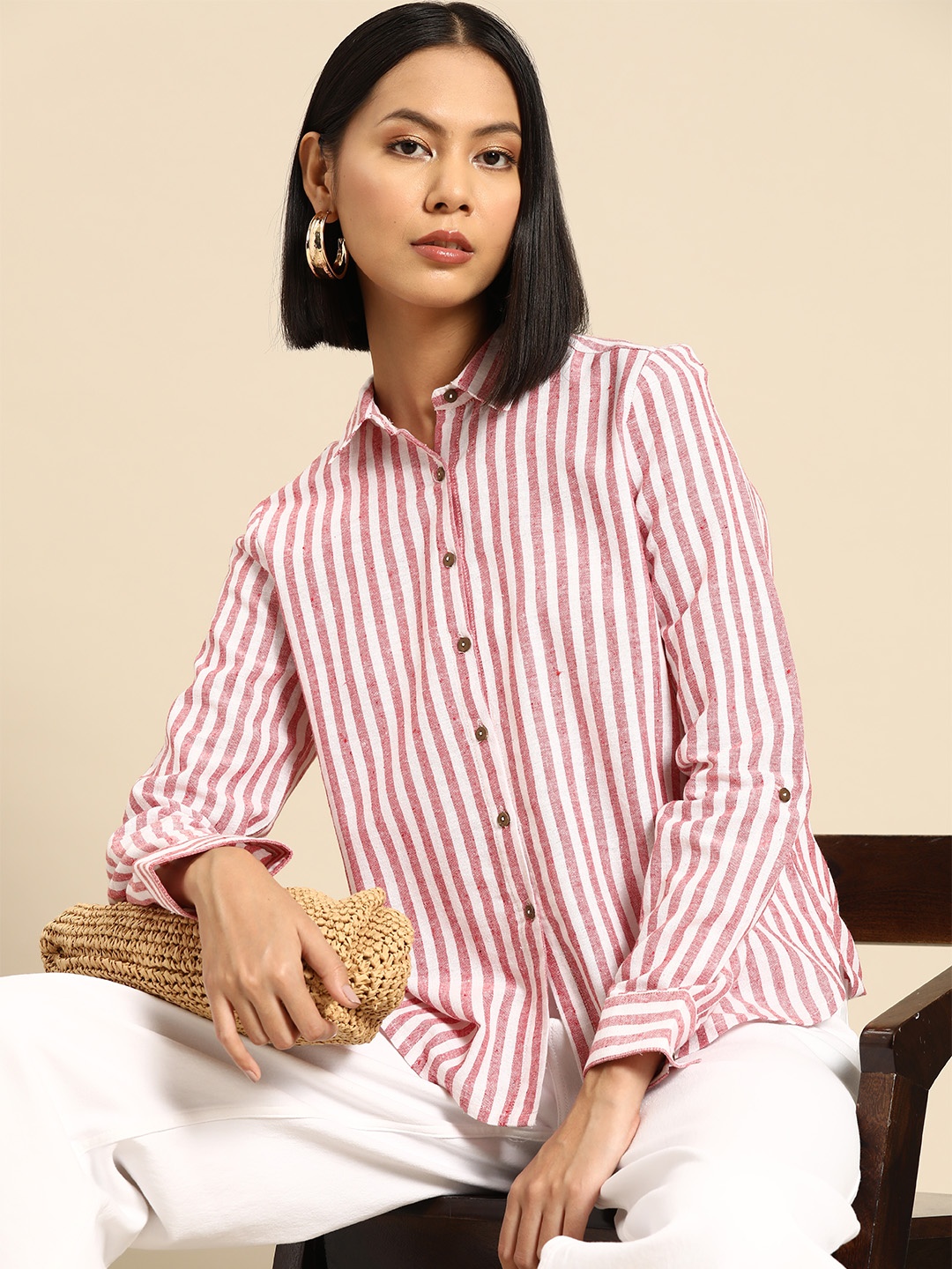 

all about you Women Opaque Striped Casual Shirt, Red