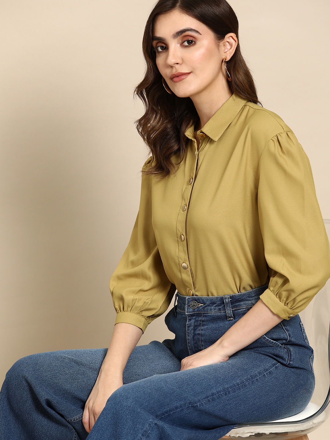 

all about you Women Cuff Sleeves Opaque Casual Shirt, Olive