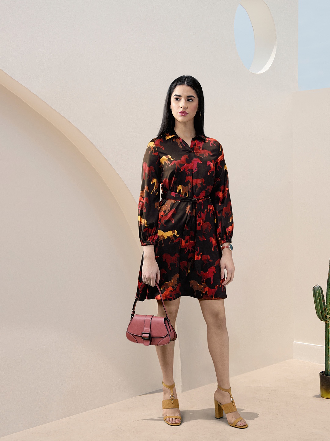 

all about you Printed Puff Sleeves Shirt Dress, Black