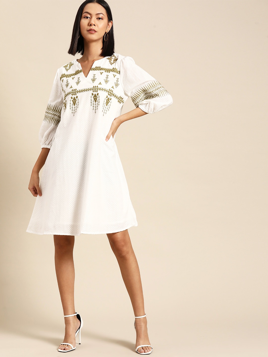 

all about you Pure Cotton Ethnic Motifs Embroidered A-Line Dress, White