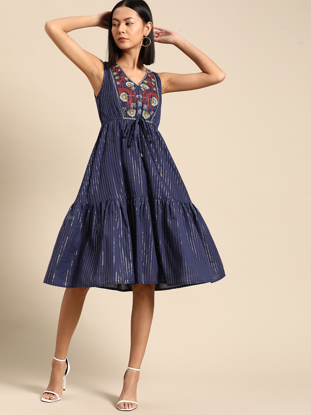 

all about you Ethnic Motifs Woven Design A-Line Midi Dress, Navy blue