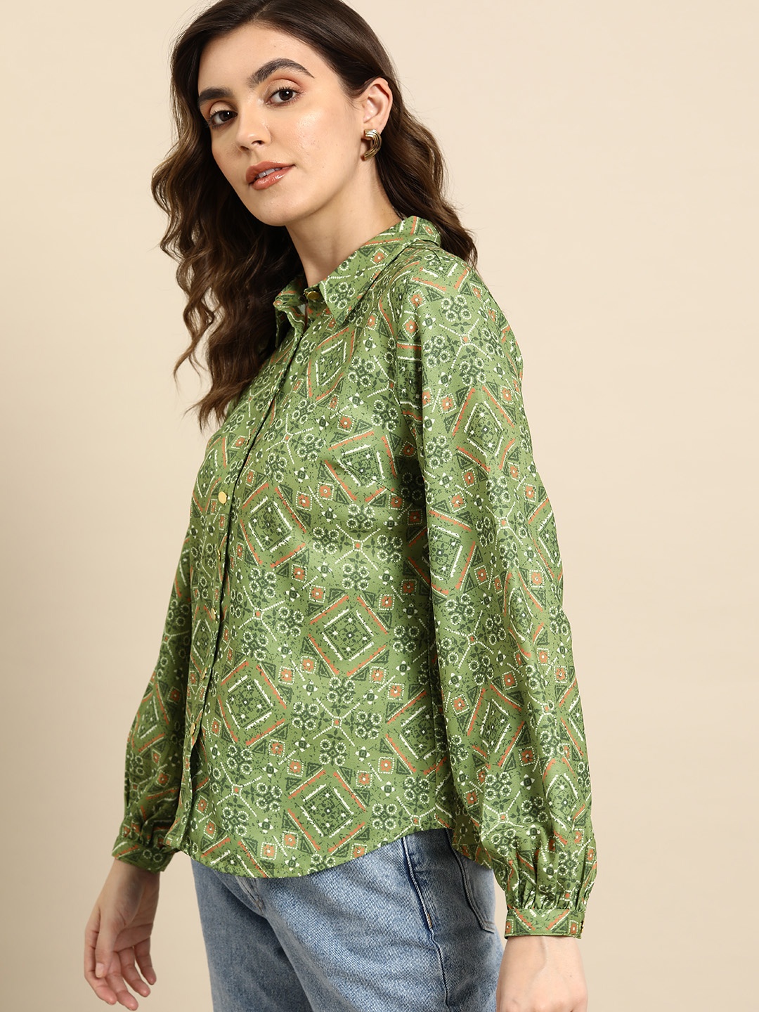 

all about you Ethnic Printed Full Puff-Sleeves Casual Shirt, Green