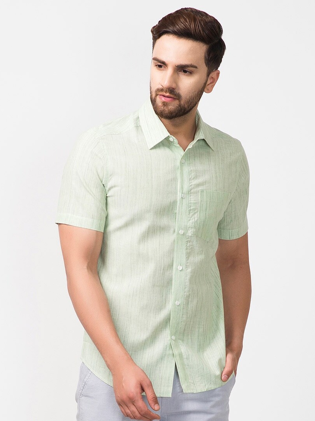 

Fabindia Men Self Design Slim Fit Cotton Casual Shirt, Green